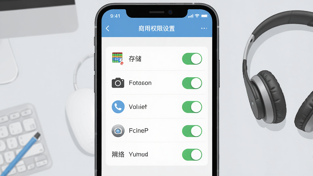 购满街商家安装设置与权限管理操作示意图,画面为手机屏幕特写,屏幕显示应用权限设置页面,包含存储、相机、网络等权限开关,背景为浅灰色桌面,旁边放置一副耳机,布局为手机居中,风格为简洁的科技说明插画风格,细节上权限图标清晰,开关状态明确,整体画质干净锐利,无多余元素