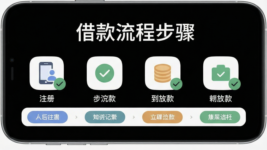 手机屏幕显示借款流程步骤图,从注册到放款共四个步骤图标横向排列,每个步骤配有对勾标记,背景为白色简约风格,布局为上下结构上方是标题下方是步骤条,排版整齐清晰,风格为扁平化UI设计,细节包括圆角按钮和柔和配色,画质高清,画面干净,无多余元素