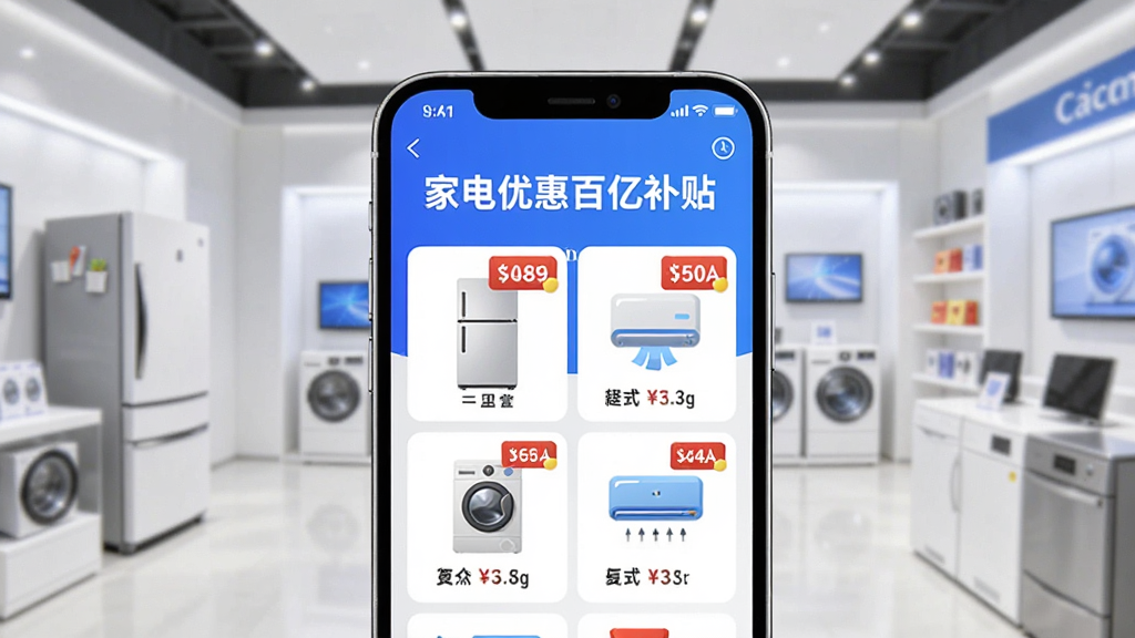 画面中央是一部智能手机,屏幕上显示“家电优惠百亿补贴”应用界面,界面内有家电图标和补贴标签,背景是简洁的家电卖场场景,布局为居中构图,风格为扁平化科技感,细节包含冰箱、洗衣机、空调小图标和红包元素,画质清晰,干净,无多余元素