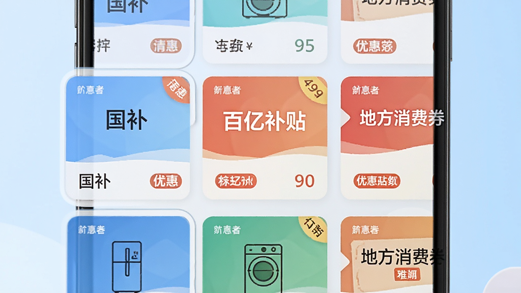手机屏幕中展示多个补贴卡片整齐排列,卡片上有“国补”“百亿补贴”“地方消费券”字样,背景为浅蓝色渐变,布局为上下滑动列表,风格为清新简约,细节有家电轮廓图标和优惠标签,画质清晰,干净,无多余元素