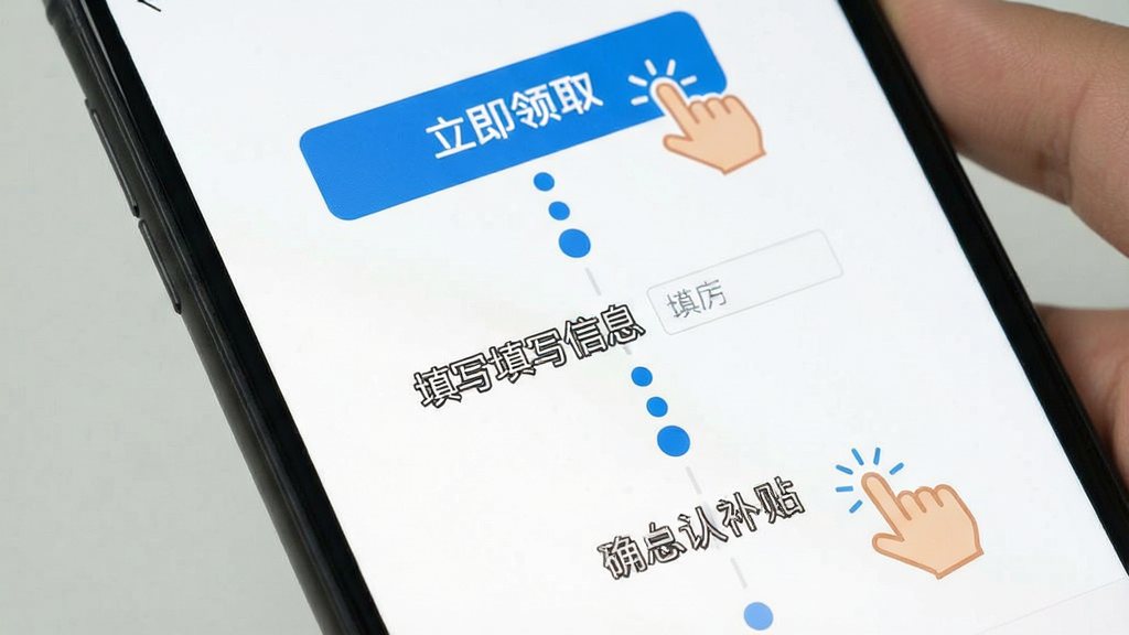 手机界面显示分步操作指引,第一步点击“立即领取”,第二步填写信息,第三步确认补贴,背景为白色,布局为纵向步骤条,风格为扁平化教学风,细节有手指点击图标和进度圆点,画质清晰,干净,无多余元素