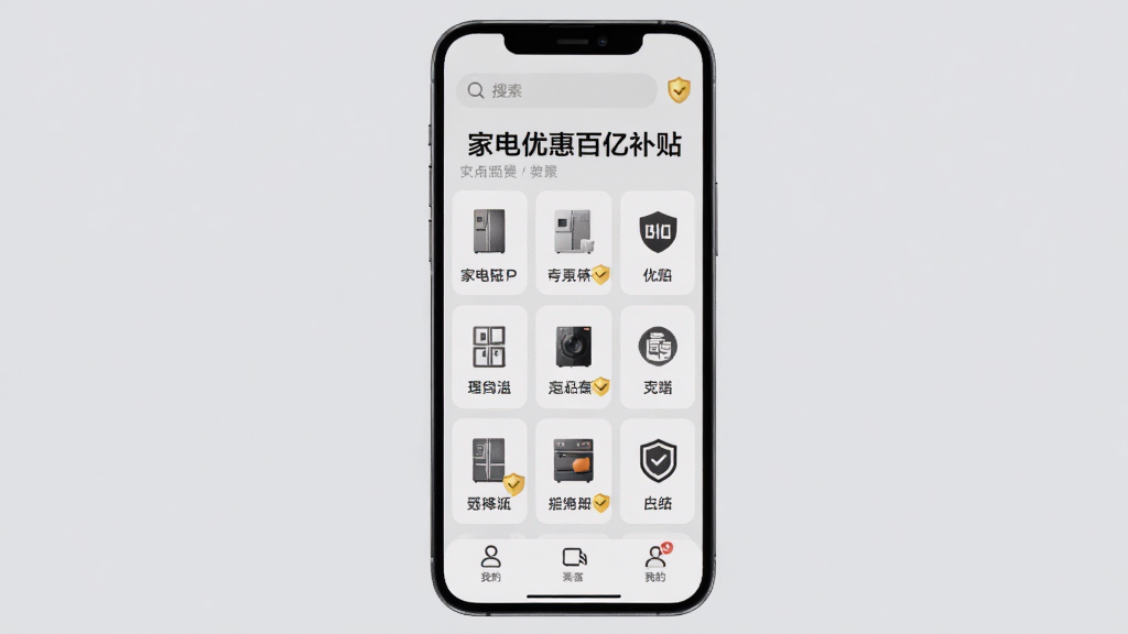 手机屏幕显示“家电优惠百亿补贴”首页,顶部有搜索框,中间是家电分类图标,底部有“我的”按钮,背景为浅灰色,布局为三栏网格,风格为现代简约,细节有安全盾牌小标识,画质清晰,干净,无多余元素