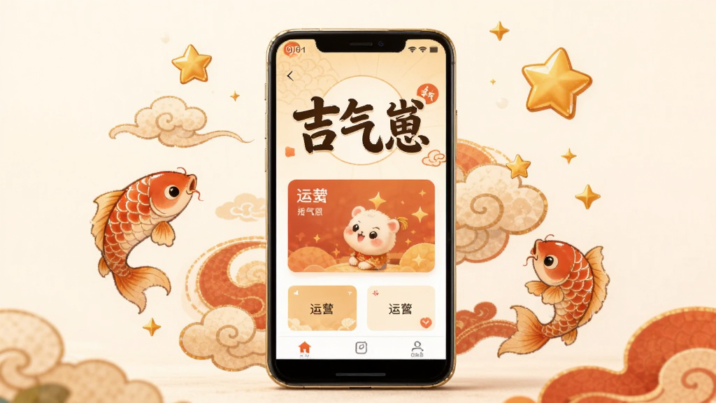 画面中央放置一部安卓手机,手机屏幕显示吉气崽软件主界面,界面中有吉气崽三个字和运势卡片元素,手机周围环绕祥云、锦鲤、幸运星等吉祥图案,整体采用暖色调,中国风插画风格,构图居中对称,背景干净简洁,画质清晰细腻,无多余元素