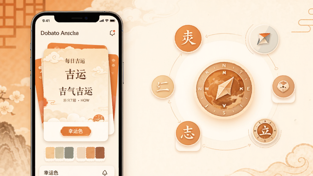 以吉气崽软件界面为主体,画面展示每日吉运卡片、幸运色色块和方位罗盘图标,中国风与现代简约风结合,暖橙色和米白色为主色调,构图采用左侧手机界面右侧图标环绕的布局,风格清新温暖,画面干净整洁,画质高清,无杂乱元素