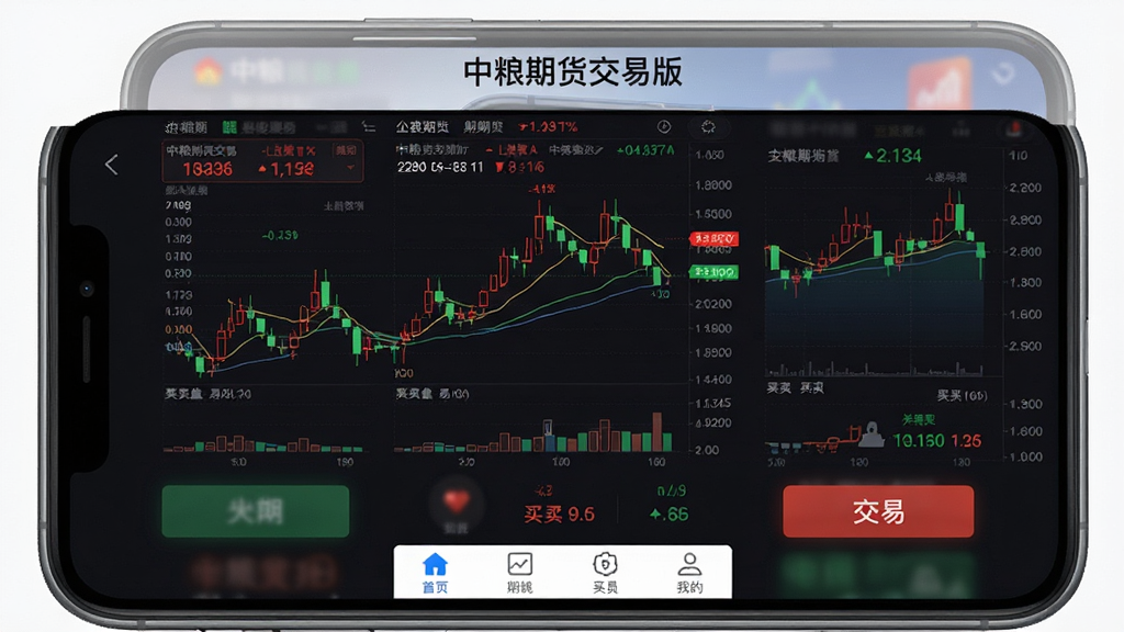 中粮期货交易版手机应用主界面展示,主体为一部智能手机屏幕显示期货行情K线图与交易按钮,布局居中对称,排版上方为软件名称