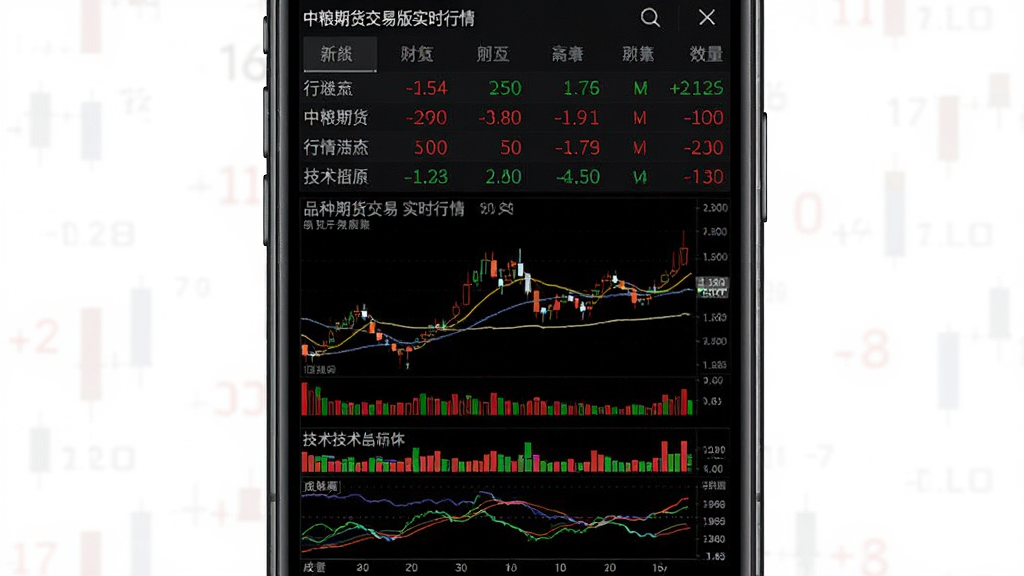 中粮期货交易版实时行情界面展示,主体为手机屏幕显示多品种期货合约涨跌列表与K线图,布局上方为行情列表下方为技术指标区域,排版整齐清晰,风格为专业金融数据风,细节包含红色绿色数字、均线系统、成交量柱状图,画质高清干净无多余元素