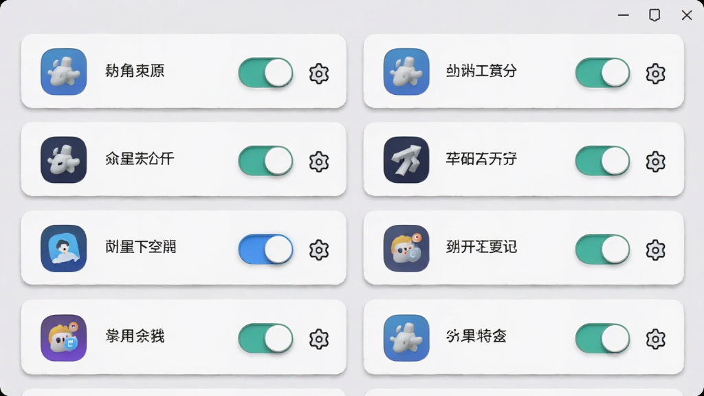 双开分身空间软件的操作界面截图,画面展示一个整洁的应用管理列表,每个分身应用旁有开关按钮和设置图标,背景为浅灰色,布局采用卡片式设计,风格为现代简约UI,细节包括按钮的立体感、文字清晰、图标精致,画质2K,干净,无多余元素
