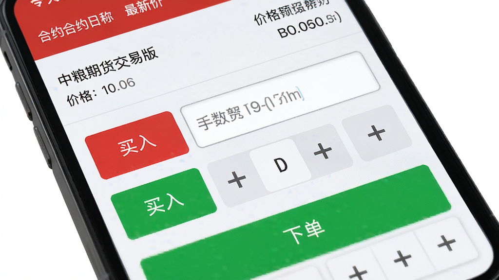 中粮期货交易版交易下单界面展示,主体为手机屏幕显示买入卖出操作面板与价格输入框,布局上方为合约名称与最新价下方为下单按钮,排版简洁明了,风格为高效交易工具风,细节包含红色买入绿色卖出按钮、手数选择器、价格加减控件,画质高清干净无多余元素