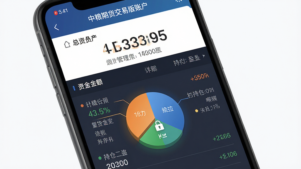 中粮期货交易版账户资金界面展示,主体为手机屏幕显示资金余额与持仓盈亏列表,布局上方为总资产数字下方为明细条目,排版规整,风格为安全金融管理风,细节包含饼状图、数字高亮、锁形安全图标,画质高清干净无多余元素