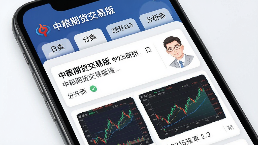 中粮期货交易版资讯研报界面展示,主体为手机屏幕显示研报标题列表与图表分析,布局上方为分类标签下方为文章卡片,排版清晰易读,风格为专业资讯阅读风,细节包含