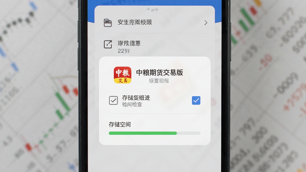 中粮期货交易版安装设置权限界面展示,主体为手机屏幕显示权限授权弹窗与存储空间检查,布局居中,排版简洁,风格为安全操作指引风,细节包含