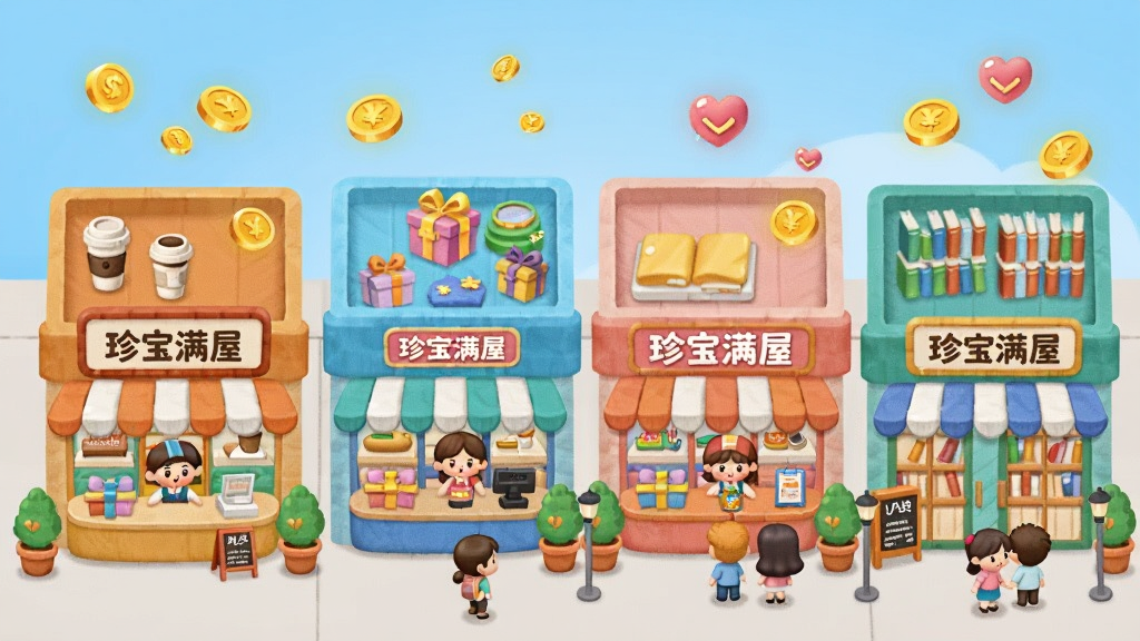 一座卡通机场商业街的俯视图,画面中排列着咖啡店、礼品店和书店等不同颜色的店铺,店铺上方漂浮着金币和爱心图标,店主小人正在柜台后忙碌,整体布局横向展开,风格为明亮可爱的2D卡通,细节有遮阳棚、盆栽和顾客排队,画质清晰,干净整洁,图片中写有“珍宝满屋”字样。