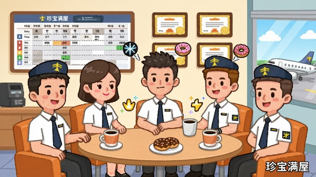 一幅2D卡通风格的员工休息室场景,几名穿着机场制服的角色围坐在圆桌旁,桌上放着咖啡和甜甜圈,背景墙上挂着排班表和奖状,布局以人物群像为中心,风格温馨明快,细节包括不同表情的员工、闪烁的技能图标和窗外的飞机,画质高,画面干净,图片角落标注“珍宝满屋”文字。