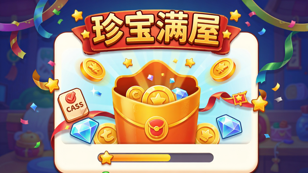 一个卡通风格的红包奖励弹窗界面,画面中央是一个打开的金色红包,周围环绕着金币、钻石和任务清单图标,布局以红包为视觉中心,风格喜庆热闹,细节有彩带、星星和进度条,画质清晰,干净无杂物,图片上方写有“珍宝满屋”字样。
