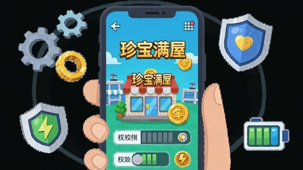 一部智能手机竖向握持的卡通插画,屏幕上显示“珍宝满屋”游戏主界面,画面中有机场店铺和金币图标,手机周围环绕着齿轮、盾牌和电池图标,布局以手机为中心,风格为扁平化科技插画,细节有权限开关、存储条和加速符号,画质清晰,干净无多余元素,图片中写有“珍宝满屋”文字。