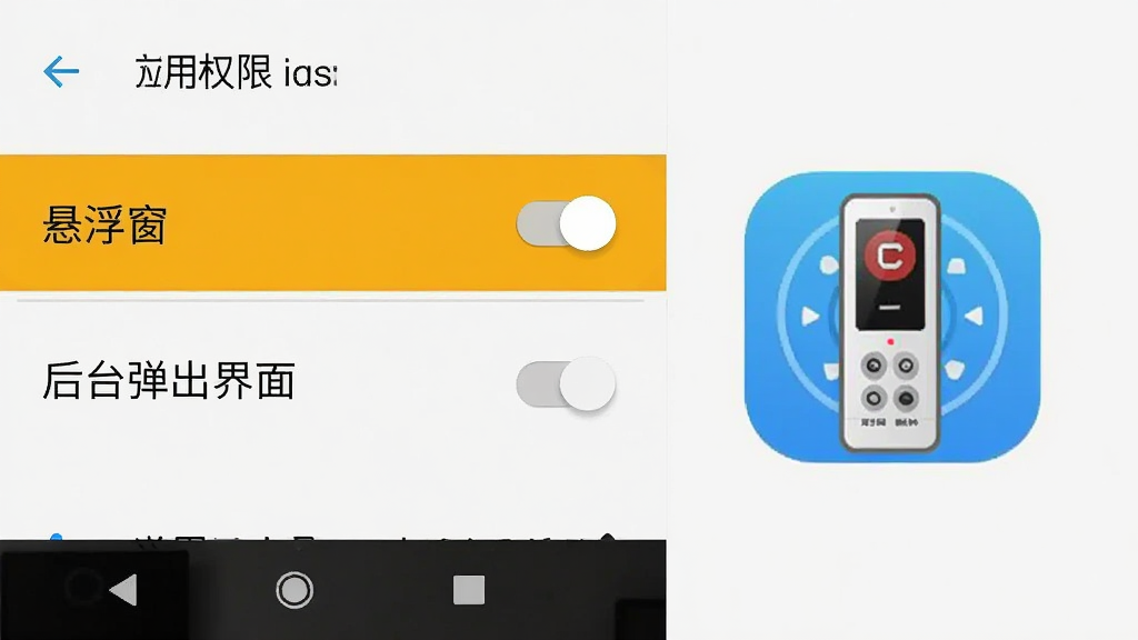 一张手机系统设置界面的截图,展示应用权限管理页面,高亮显示“悬浮窗”和“后台弹出界面”权限开关,旁边有万能空调红外免费遥控器的图标,界面简洁,风格为原生安卓系统UI,画质清晰,干净,无多余元素。