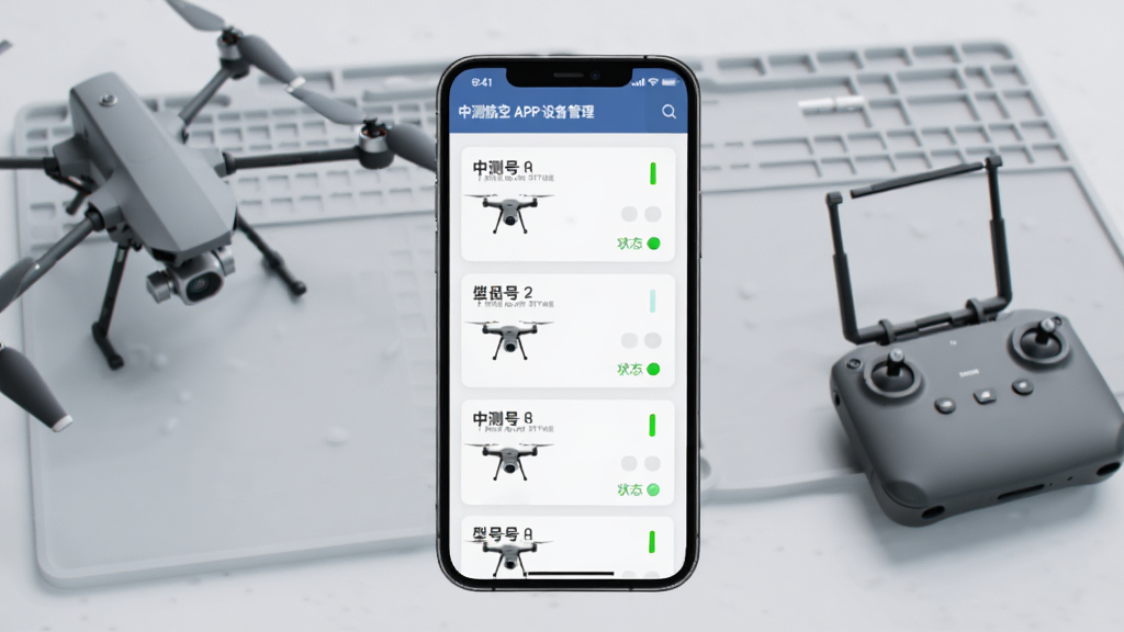 中测航空APP设备管理界面,画面中一部手机竖屏显示设备列表,每台无人机以卡片形式排列,卡片上标注型号和状态指示灯,背景是简洁的浅灰色工作台,桌面上放置无人机和遥控器,风格清新简约,画质清晰,干净无多余元素