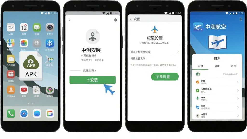 中测航空APP在安卓手机上的安装步骤示意图,画面从左到右依次展示:手机桌面找到APK文件、点击安装、权限设置页面、APP成功打开显示“中测航空”主界面,背景为浅色桌面,风格扁平化教学图示,画质清晰,干净无多余元素