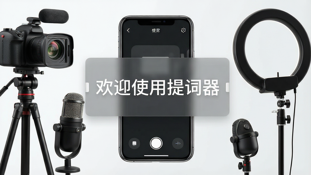 一张手机屏幕展示提词器软件界面的预览图,画面中央为悬浮在半透明背景上的滚动文字区域,文字内容为“欢迎使用提词器”,手机周围环绕着摄像机、麦克风、环形补光灯等视频创作设备,整体布局为居中构图,风格为简洁现代的科技风,细节包括手机边框、软件UI按钮、文字滚动效果,画质清晰,干净,无多余元素