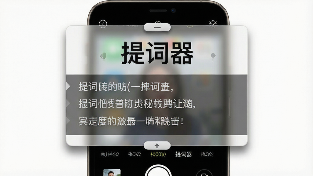 一部智能手机屏幕上方悬浮着一个半透明的提词器窗口,窗口中显示“提词器”三个大字和几行滚动台词,背景是正在运行的相机拍摄界面,画面构图清晰展示悬浮窗与相机界面的叠加效果,风格为产品功能演示图,细节包括悬浮窗阴影、拖动按钮、文字排版,画质高清,干净,无多余元素