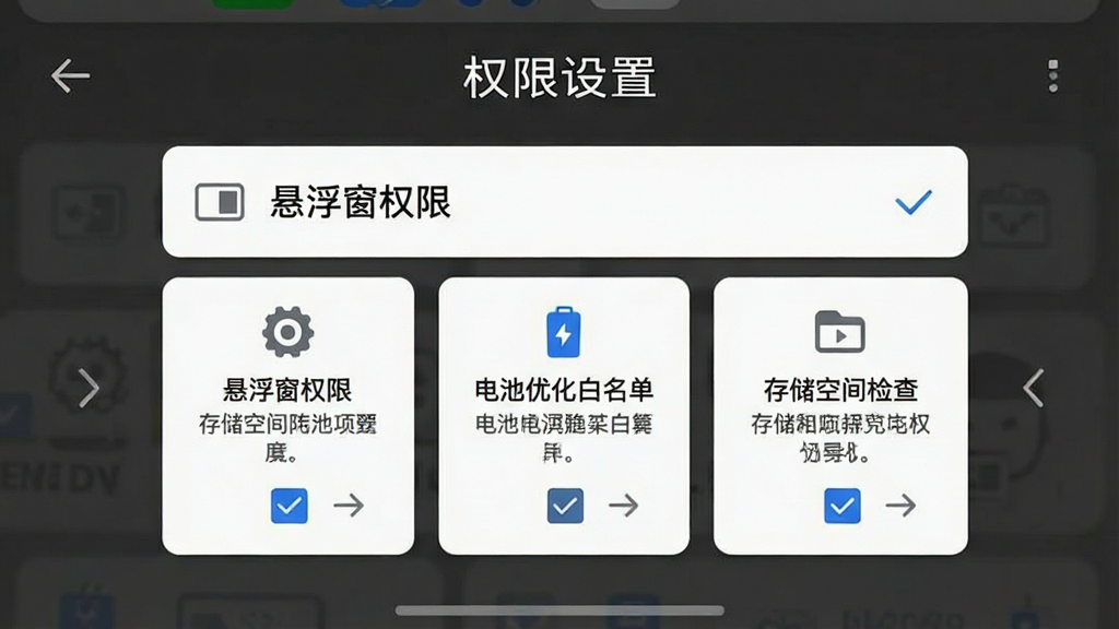 一张手机屏幕截图,展示提词器软件的权限设置引导页面,画面中包含“悬浮窗权限”、“电池优化白名单”、“存储空间检查”三个设置项卡片,每个卡片配有图标和简短说明文字,整体风格为简洁明快的引导页设计,细节包括勾选框、箭头指示、文字排版,画质清晰,干净,无多余元素
