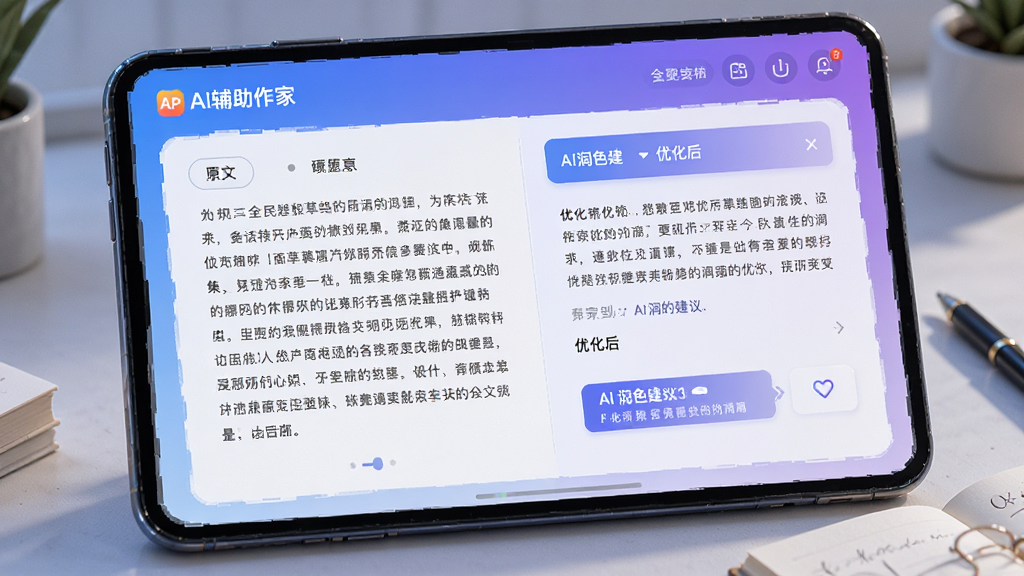 全民作家APP的AI辅助写作界面特写,屏幕中央显示一段小说草稿和AI润色建议对比,左侧是原文,右侧是优化后文字,界面风格科技感与文艺感结合,色调蓝紫渐变,画质细腻,干净整洁