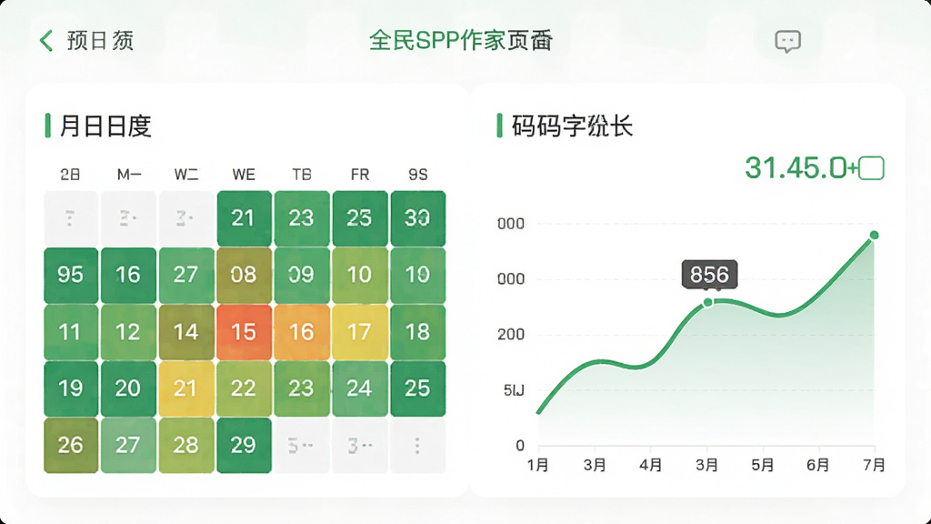 全民作家APP的码字统计页面,展示月度日历热力图和码字折线图,数字清晰可见,界面风格清爽简约,主色调为绿色和白色,画质清晰,无多余装饰
