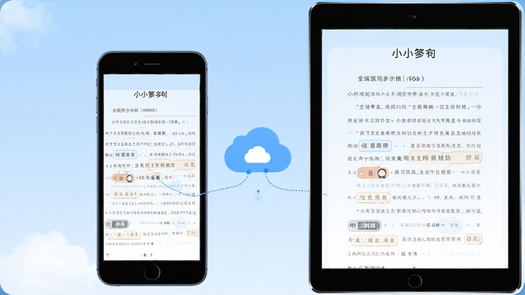 全民作家APP的多端同步示意图,手机和平板并排显示相同的小说稿件内容,中间有云朵图标连接,背景是淡雅的天空蓝,风格简约商务,画质干净,无杂乱元素