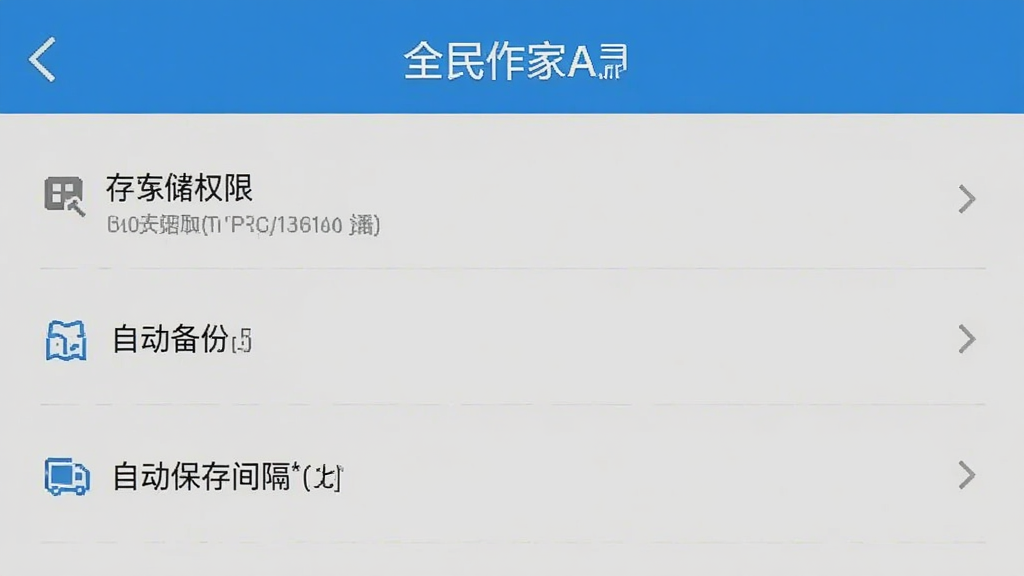 全民作家APP在手机上的设置页面截图,展示存储权限、自动备份和自动保存间隔选项,界面风格简洁明了,画质清晰,无多余元素