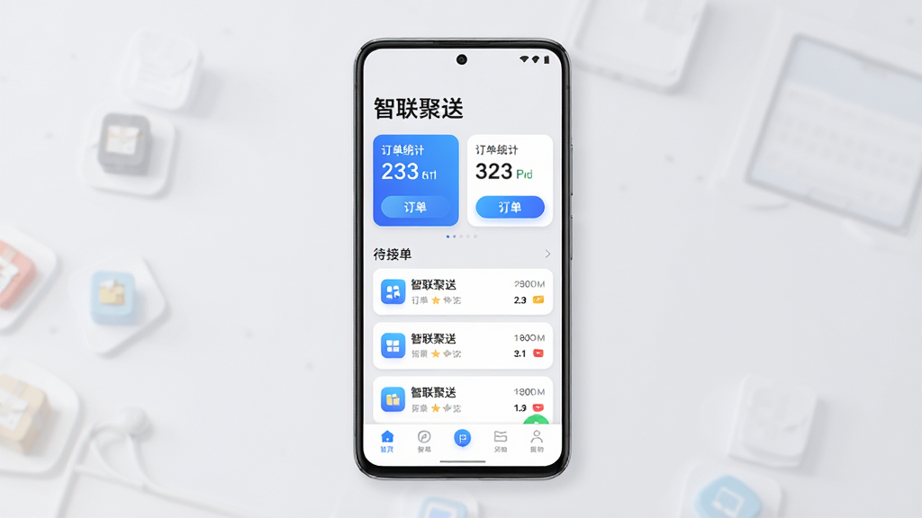 手机屏幕中央展示“智联聚送”应用主界面,主体为一部竖屏安卓手机,布局为上方品牌名称与订单统计卡片,中部为待接单列表,下方为底部导航栏,排版清晰整齐,风格为现代简约科技风,细节包括蓝色渐变按钮、白色卡片、灰色背景、圆角图标,画质高清,干净,无多余元素
