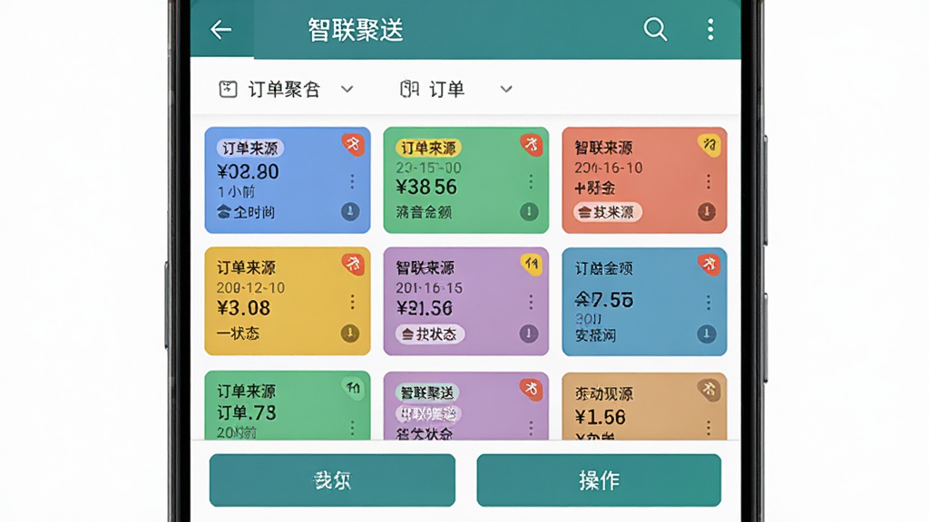 一部安卓手机屏幕中显示“智联聚送”订单聚合页面,主体为多个不同颜色的订单卡片整齐排列,布局为顶部筛选栏、中部订单流、底部操作按钮,排版紧凑有序,风格为扁平化商务风,细节包括订单来源标签、时间戳、金额数字、状态角标,画质清晰,干净,无多余元素
