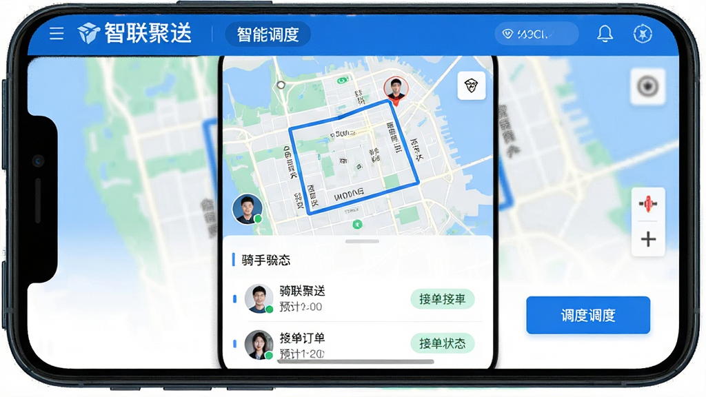 手机屏幕展示“智联聚送”智能调度界面,主体为地图与订单路线示意,布局为上方地图区域、下方骑手列表与调度按钮,排版层次分明,风格为科技蓝调,细节包括路线线条、骑手头像、预计时间、接单状态标签,画质高清,干净,无多余元素
