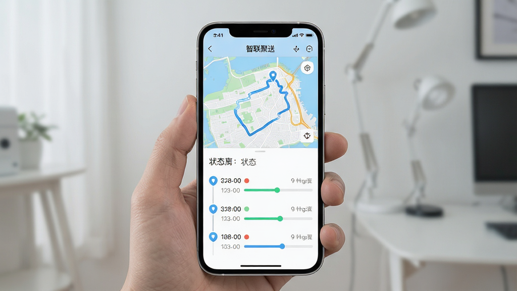 手机屏幕展示“智联聚送”订单追踪详情页,主体为地图轨迹与状态时间轴,布局为上半部分地图、下半部分时间节点列表,排版规整,风格为清爽浅色风,细节包括定位图标、时间文字、状态圆点、进度条,画质清晰,干净,无多余元素