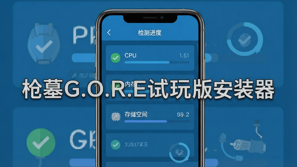 一张展示安装器自动检测环境的界面截图,主体为手机屏幕显示检测进度,布局为居中列表式,排版清晰列出CPU、内存、存储空间检测项,风格为扁平化科技蓝,细节包含对勾图标与进度环,画质清晰,干净无多余元素,画面中打文字“枪墓G.O.R.E试玩版安装器”。