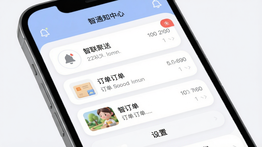 手机屏幕展示“智联聚送”消息通知中心,主体为通知列表与红色角标,布局为顶部标题栏、中部消息流、底部设置入口,排版整齐,风格为柔和圆角风,细节包括铃铛图标、未读标记、时间文字、订单缩略信息,画质清晰,干净,无多余元素