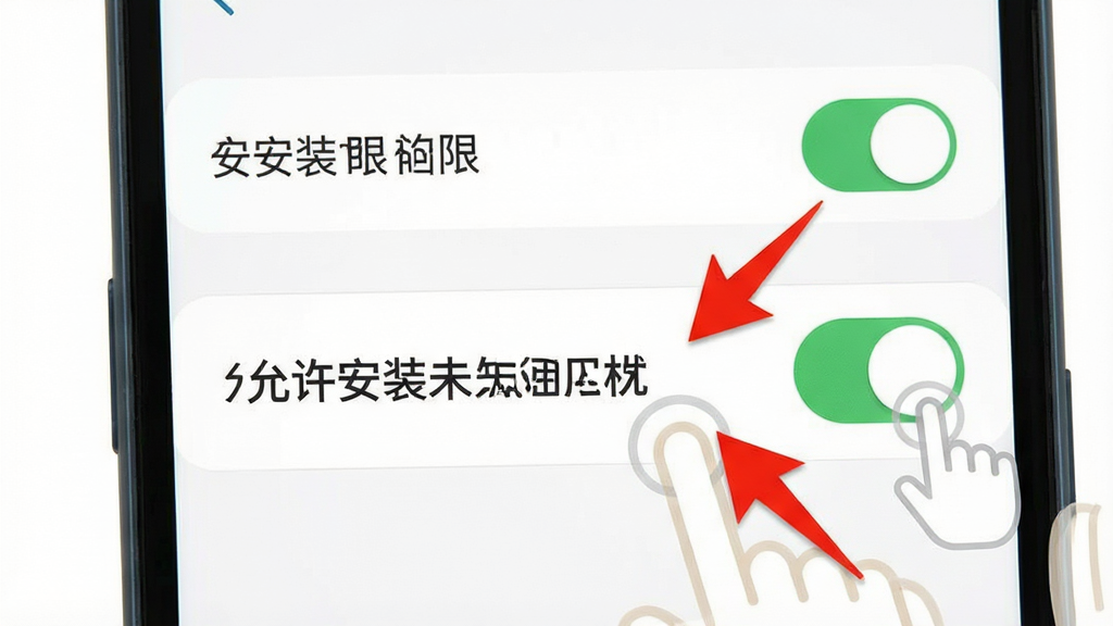 一张展示手机安装权限设置的指引图,主体为手机屏幕显示权限开关界面,布局为上下结构,排版突出“允许安装未知应用”开关,风格为扁平化UI风格,细节包含手指点击图标与红色箭头标注,画质清晰,干净无多余元素。