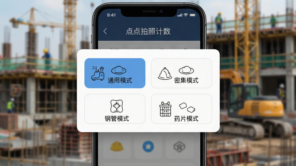 一张展示「点点拍照计数」软件模式选择界面的图片,手机屏幕中央弹出模式选择卡片,卡片上整齐排列着「通用模式」「密集模式」「钢管模式」「药片模式」四个图标按钮,每个按钮配有相应的简笔画图案,背景是模糊的工地场景,风格简洁商务,画质清晰,干净无多余元素。