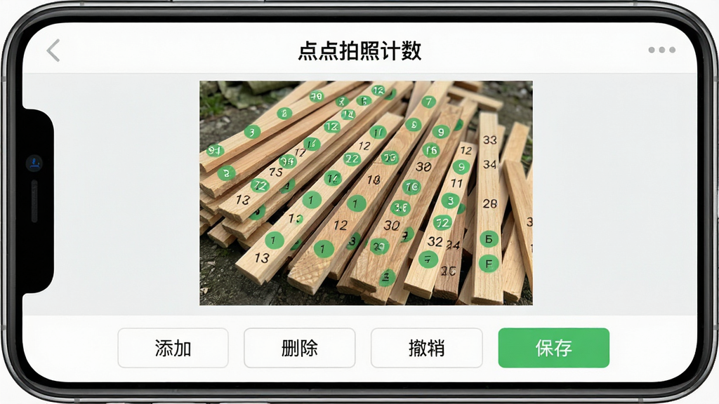 一张展示「点点拍照计数」软件编辑界面的图片,手机屏幕上显示一张堆满木条的图片,木条上大部分已被绿色圆点标记并带有数字,画面底部有一排操作按钮,包括「添加」「删除」「撤销」「保存」,整体布局合理,风格为清新浅色,画质清晰,干净无多余元素。