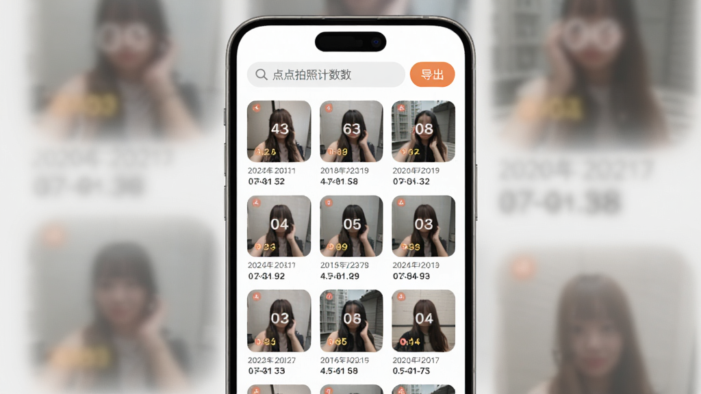 一张展示「点点拍照计数」软件历史记录界面的图片,手机屏幕以网格形式排列着多张带有计数标记的缩略图,每张缩略图下方显示日期和数量,顶部有搜索框和「导出」按钮,背景干净,风格为柔和圆角,画质清晰,干净无多余元素。