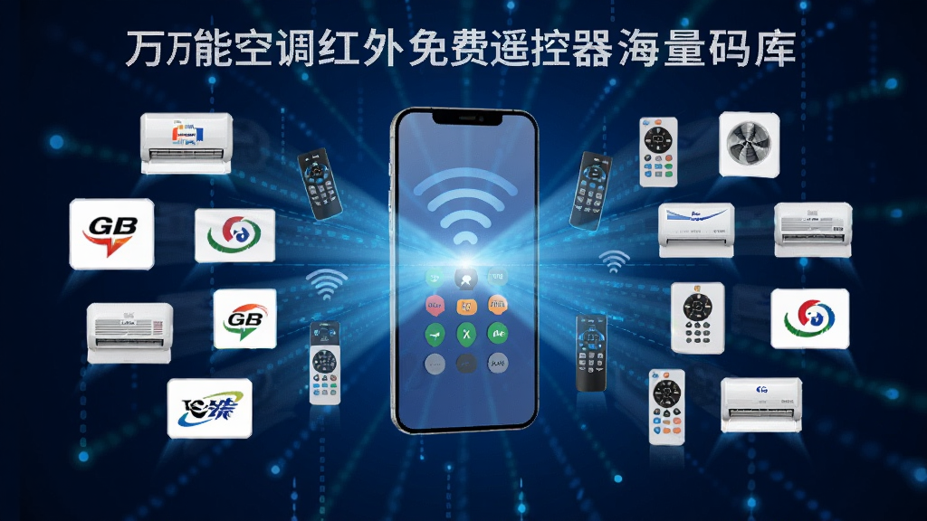 一张展示万能空调红外免费遥控器海量码库的图片,画面中是一部手机悬浮在中央,周围环绕着各种空调品牌的标志和遥控器图标,形成数据汇聚的视觉效果,背景是深蓝色的科技感渐变,有光线从手机屏幕散发出来,整体风格现代科技感强,画质清晰,干净无多余元素