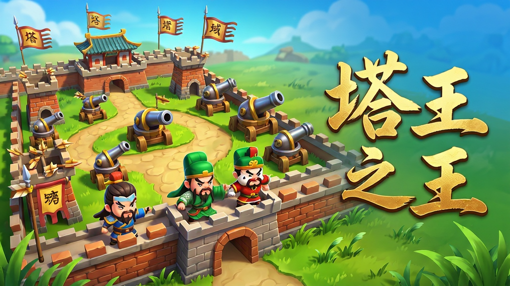 塔王之王游戏主界面全景图,画面中央展示Q版三国城池防御阵型,多座箭塔与炮塔排列在蜿蜒路径两侧,远处有曹军旗帜飘扬,近处刘备关羽张飞Q版形象站在城墙上指挥,画面采用明亮卡通渲染风格,色彩饱和度高,布局采用三分法构图,主体居中偏左,右侧留白处用金色毛笔字书写“塔王之王”四个大字,整体风格活泼热血,细节包含塔楼砖纹、士兵盔甲反光、草丛摇曳,画质清晰锐利,画面干净无多余元素