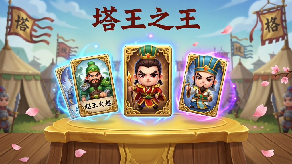 塔王之王武将招募界面,画面中央是一个巨大的金色招募台,台上悬浮着数张武将卡牌,卡面分别绘制赵云、吕布、诸葛亮等Q版形象,卡牌周围环绕蓝色与紫色光芒,背景是古代军营帐篷与战旗,布局采用对称式构图,风格为Q版卡通加轻度奇幻光效,细节包含卡牌边缘烫金纹路、招募台木纹质感、飘落的桃花瓣,画质精细,画面干净无多余元素,画面顶部用红色隶书字体写“塔王之王”