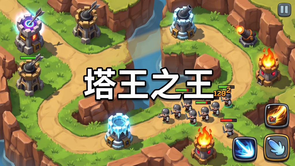 塔王之王战斗场景俯视图,画面展示一张蜿蜒的峡谷地图,路径两侧建有箭塔、炮塔、冰冻塔和火焰塔,塔身有升级后的发光效果,敌军小兵正在沿路径前进,画面右下角有技能释放按钮,布局采用左上到右下的对角线构图,风格为Q版策略游戏界面,细节包含地面草地纹理、塔基阴影、敌军血条、伤害数字飘动,画质清晰明亮,画面干净无多余元素,画面中央用白色描边字体写“塔王之王”