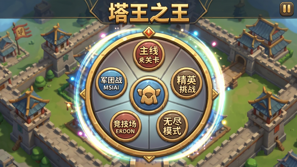 塔王之王玩法模式选择界面,画面中央是一个圆形轮盘,轮盘上分布着主线关卡、精英挑战、无尽模式、竞技场、军团战五个图标按钮,轮盘外圈有旋转的光效,背景是古代城池俯瞰图,布局采用中心辐射式构图,风格为Q版游戏UI界面,细节包含按钮浮雕质感、光效粒子、背景城池的塔楼与城墙,画质干净清晰,画面顶部用金色字体写“塔王之王”