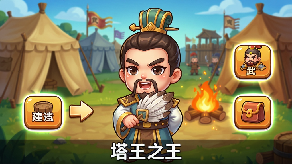 塔王之王新手引导界面,画面中央是一个Q版军师角色手持羽扇正在讲解,旁边有箭头指向建造按钮、武将按钮、背包按钮,背景是古代军营帐篷与篝火,布局采用左中右三分法,风格为Q版卡通教学界面,细节包含军师表情生动、按钮高亮光圈、帐篷布纹、篝火粒子效果,画质清晰明亮,画面干净无多余元素,画面底部用白色字体写“塔王之王”