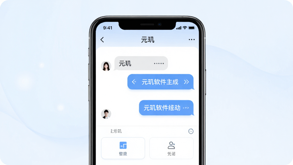 一张展示元玑软件主界面的预览图,画面中央是手机屏幕,屏幕内显示元玑聊天对话框与简洁功能按钮,背景为浅色渐变,整体风格清新现代,排版干净,画质清晰,无多余元素