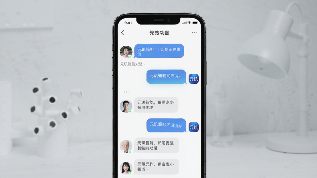 一张展示元玑智能对话功能的预览图,画面中手机屏幕显示多轮对话气泡,用户头像与元玑图标交替出现,界面排版整齐,风格简约科技感,画质清晰,背景干净无杂乱元素