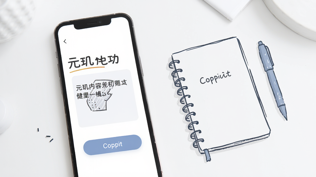 一张展示元玑内容生成功能的预览图,画面中手机屏幕显示文字生成结果与复制按钮,旁边有笔记本和笔的简笔插画点缀,整体布局清爽,风格柔和,画质干净,无多余装饰