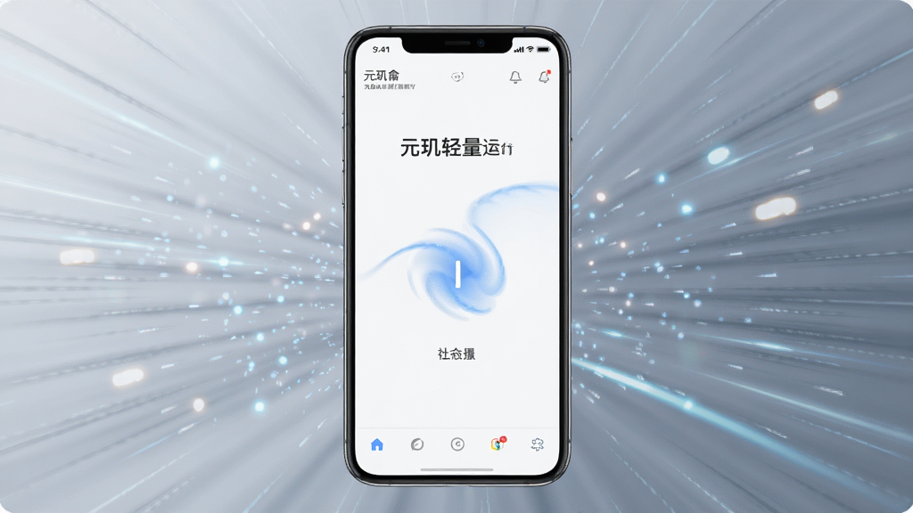 一张展示元玑轻量运行特点的预览图,画面中手机屏幕显示元玑界面与流畅的加载动画,背景有速度线条与光点装饰,整体风格动感简洁,排版居中,画质清晰,无多余元素
