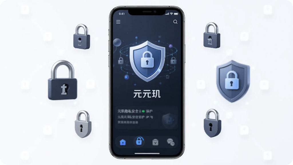 一张展示元玑隐私安全保护的预览图,画面中手机屏幕显示盾牌图标与元玑界面,周围有锁形与安全标识环绕,整体风格稳重可靠,排版对称,画质干净,无多余元素